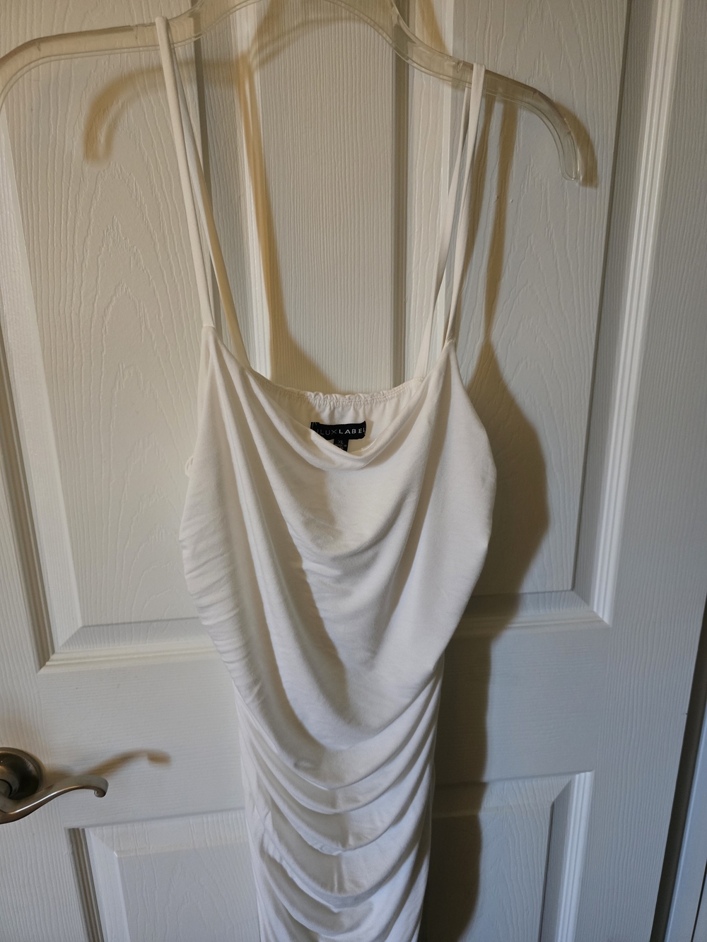 JLUXLABEL White Draped Bodycon Midi Dress with Spaghetti Straps